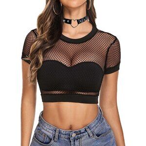 Women Black Fishnet Crop Top Short Sleeve Shirt O Neck Pullover Blouse